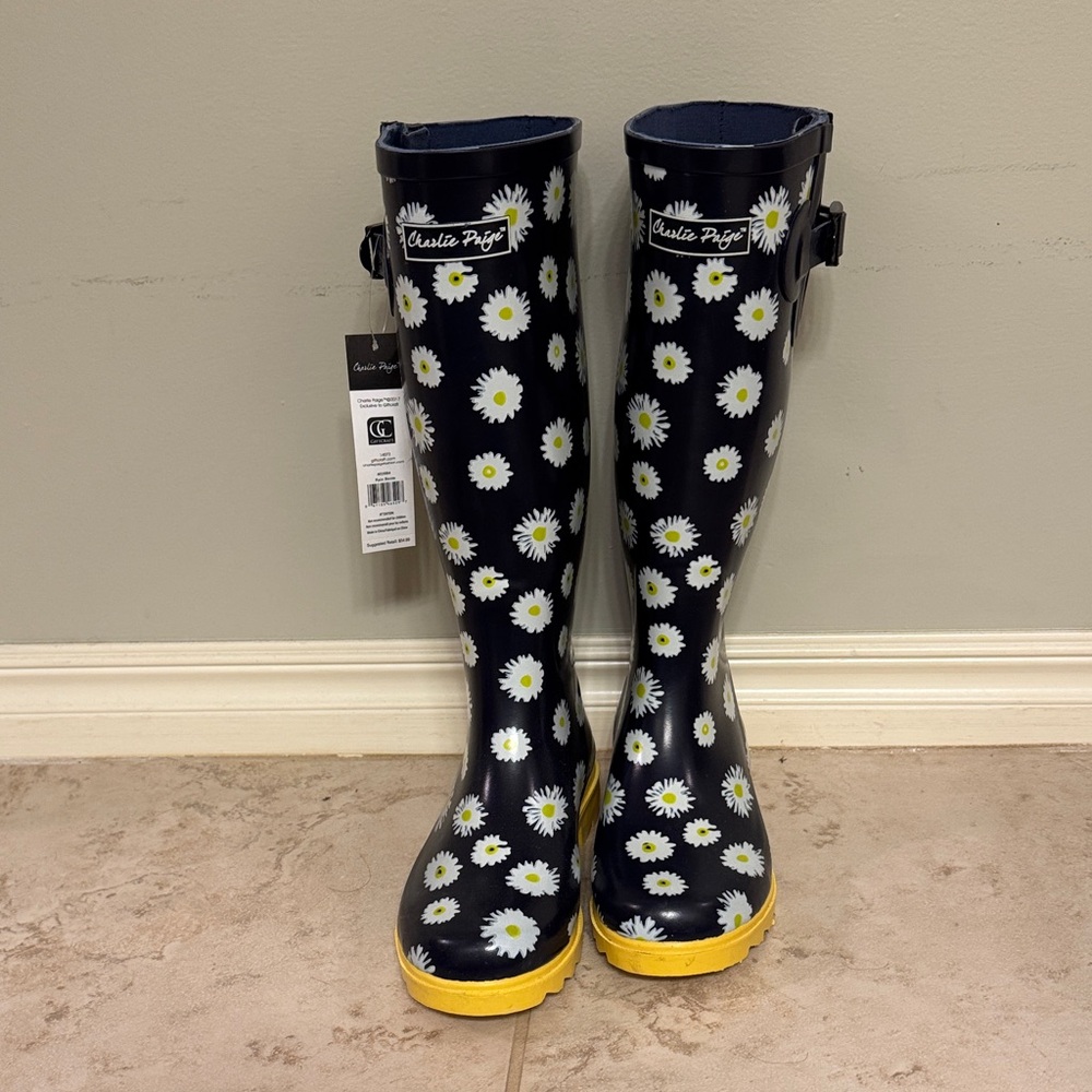 Charlie Paige Black and Yellow Floral Rain Boots